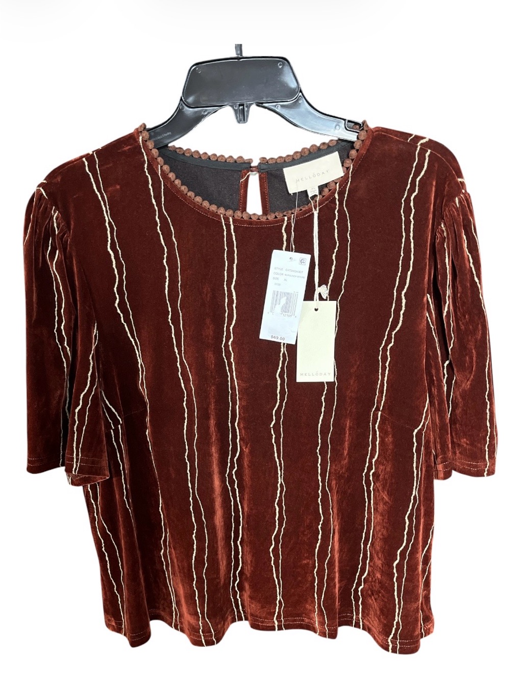 Nwt Melloday Velvet Stripe Applique Puff Sleeve Crew Neck Top Size Xl Msrp$69